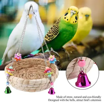 

Natural Handwoven Straw Rattan Nest Bed Large Bird Swing Toy with Bells Decorate PXPC