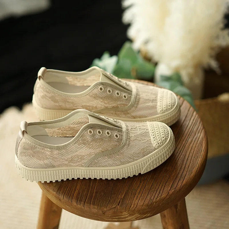 

Artistic Lace Mesh Shoes 2019 Summer New Products Mori Girl Line Retro Casual Lace-up Rubber Sole Flat Top Shoes