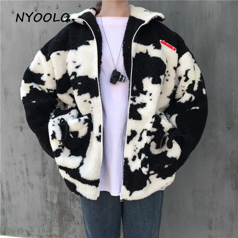 NYOOLO повседневные уличные пальто из овечьей шерсти с рисунком коровы, осенне-зимние свободные пальто в стиле хип-хоп, утолщенная теплая куртка на молнии, женская верхняя одежда