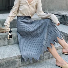 Плиссированные юбки для женщин; Корейская одежда; сезон осень-зима; вязаная свободная длинная юбка с высокой талией; повседневные юбки макси; Droppingship