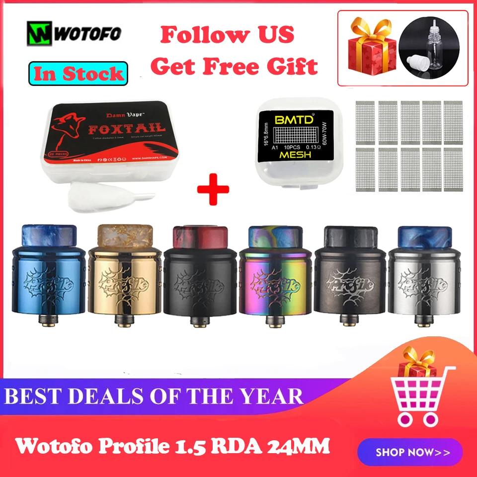 Атомайзер Wotofo 1 5 RDA бак 24 мм с 10 сетчатыми катушками 0 12/0 13/0 15 Ом 20 шт. хлопковый Squonker
