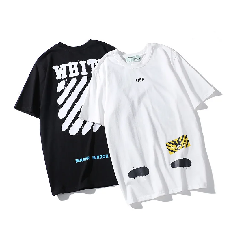 

Tide brand OFF white- striped short-sleeved men and women summer graffiti short-sleeved T-shirt white couple T-shirt