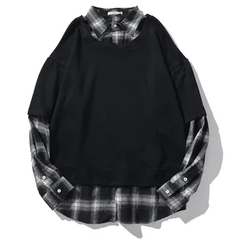 

One Piece Plaid Shirt Men Spring Long Sleeve Turn Down Collar Mens Shirts Japanese Streetwear 2 in 1 Patchwork Hoodies Men