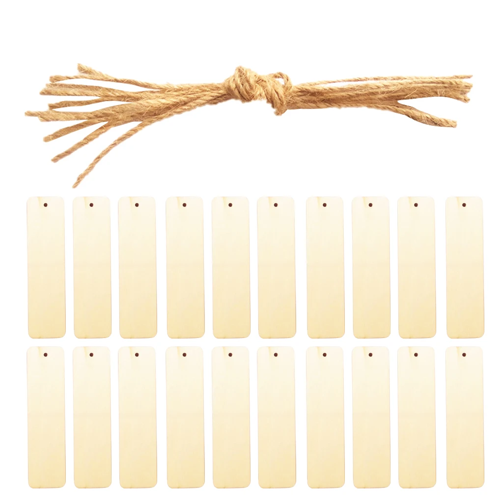 20pcs Blank Rectangle Wood Pieces Gift Tags Bookmark w/ String Scrapbooking DIY Craft Tags Labels Book Mark Hanging Decoration