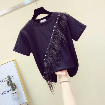 

summer women's feather tees fashion feather tassels t-shirts women's summer tops