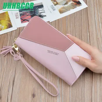 

Geometric Women Wallets with Zipper Pink Phone Pocket Purse Card Holder Patchwork Women Long Wallet Lady Tassel Short Coin Purse