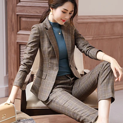 Brown Pant Suit Высококачественные Женские клетчатые брюки костюмы из мягкой ткани для работы в деловом стиле с длинным рукавом коричневый Блейзер и брюки для офиса женская одежда - Цвет: Brown Pant Suit
