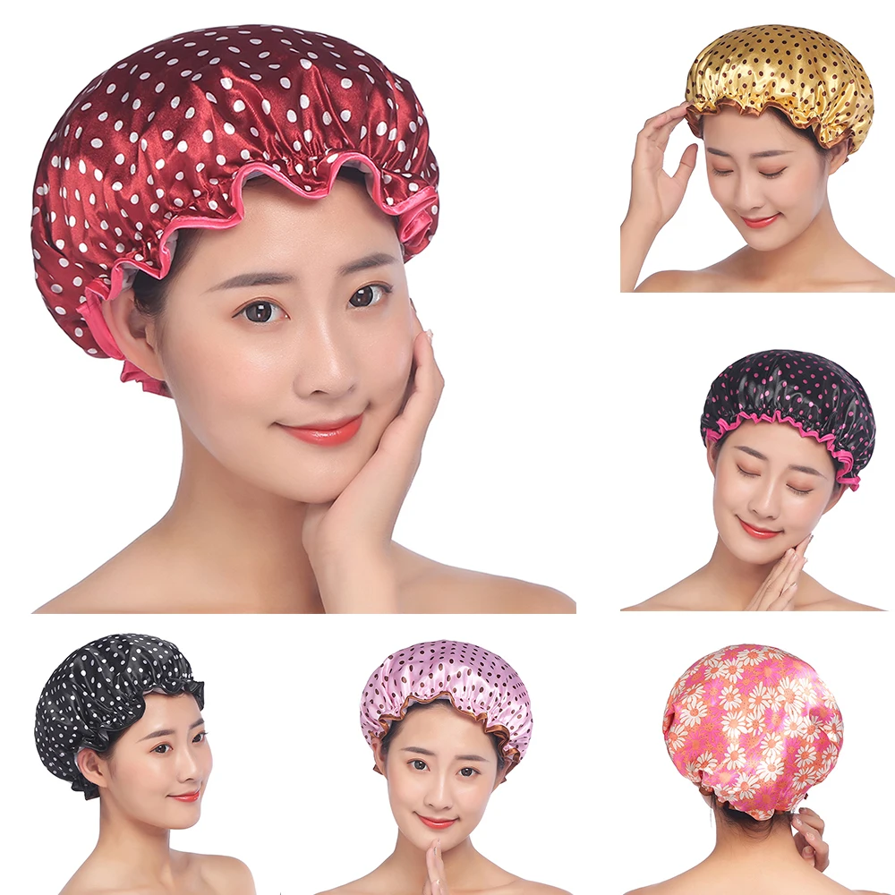 

11PC Waterproof Head Cover Women Satin Thick Shower Caps Colorful Double Layer Elastic Bath Shower Hair Cover Adults