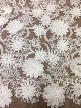 

Hot Selling African Sequins Lace Fabric Tassel Fringe 3d White Flower Embroidered Tulle Mesh Lace Fabric
