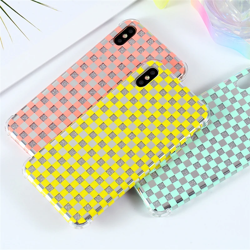 

Fashion Glitter Grids Case for IPhone XR X XS Max 8 7 6S 6 Plus Case Luxury Mirror Woman Silicone Cover Accessories (XS0801)