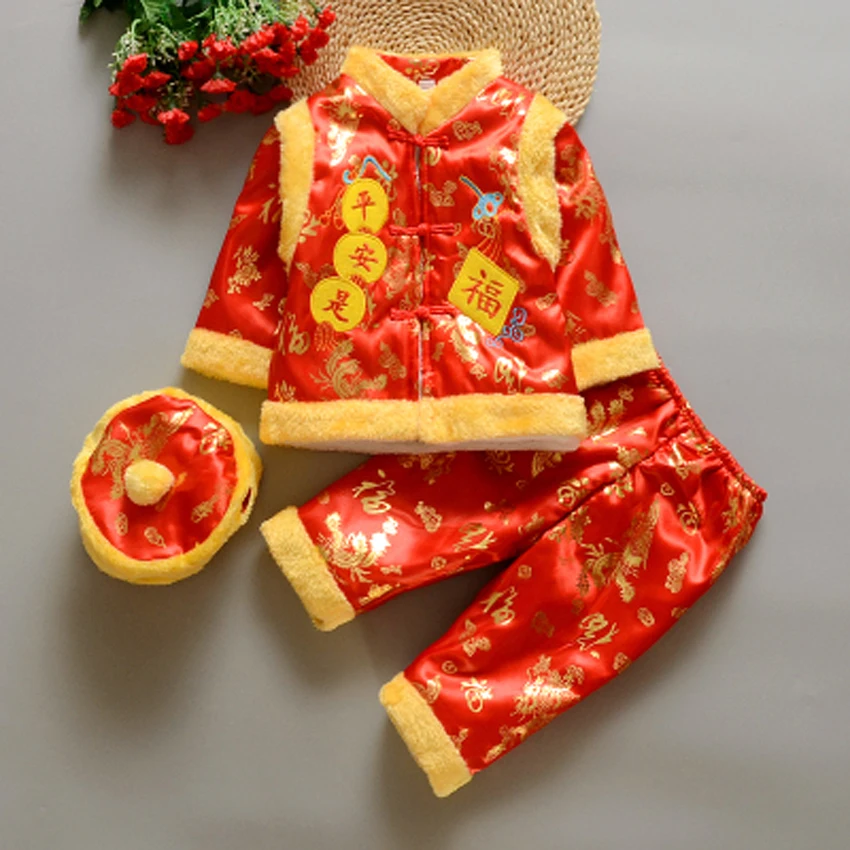 От 0 до 2 лет, год, традиционный китайский костюм Тан для новорожденных, для маленьких мальчиков и девочек, принт дракона, зимний флис, мех, Hanfu, подарок на день рождения