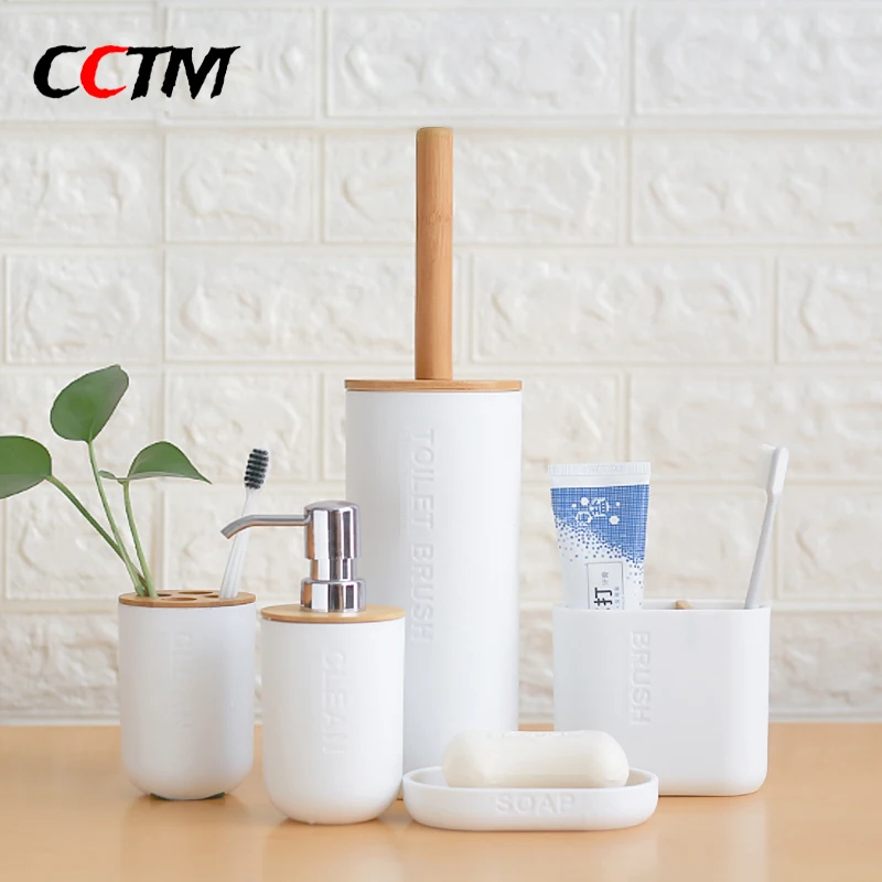 

6Pcs Bamboo Bathroom Set Toothbrush Holder Toilet Brush Cup Soap Holder Press Emulsion Dispenser Container Bathroom Accessories