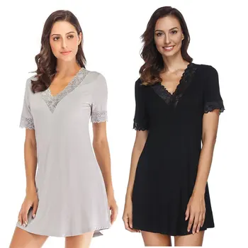 

Women Loose Nightdress New Lace V-neck Pure Color 2020 Short Sleeve Modal Material Spring Summer Leisure Simple Nightdress