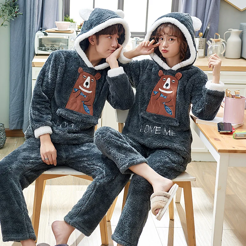 

Autumn & Winter Coral Velvet Couples Couples Pajamas Men's Women's-with Hat Thick Pajamas Flannel Set