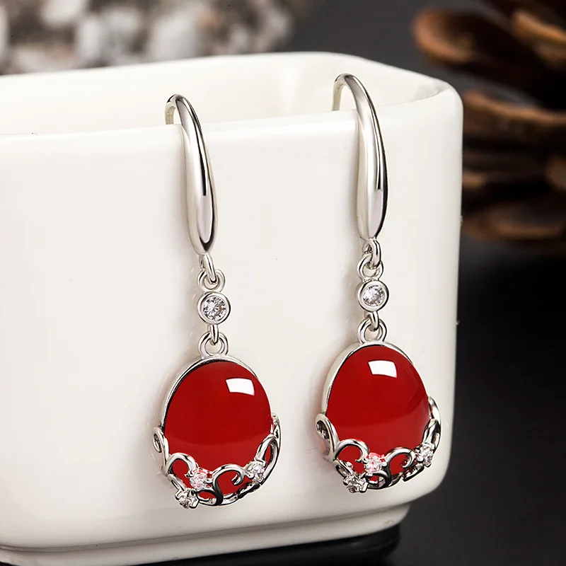 

HOYON Vintage chrysoprase Earrings Women's Red Agate Earrings Long Hollow out Wedding Temperament s925 Silver Color Jewelry Gift