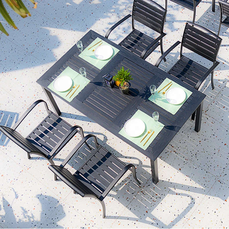 Modern Outdoor Aluminum Alloy Rectangle Round Garden Dining Table Industrial Style Back Chair Patio Terrace Rainproof Dining Set