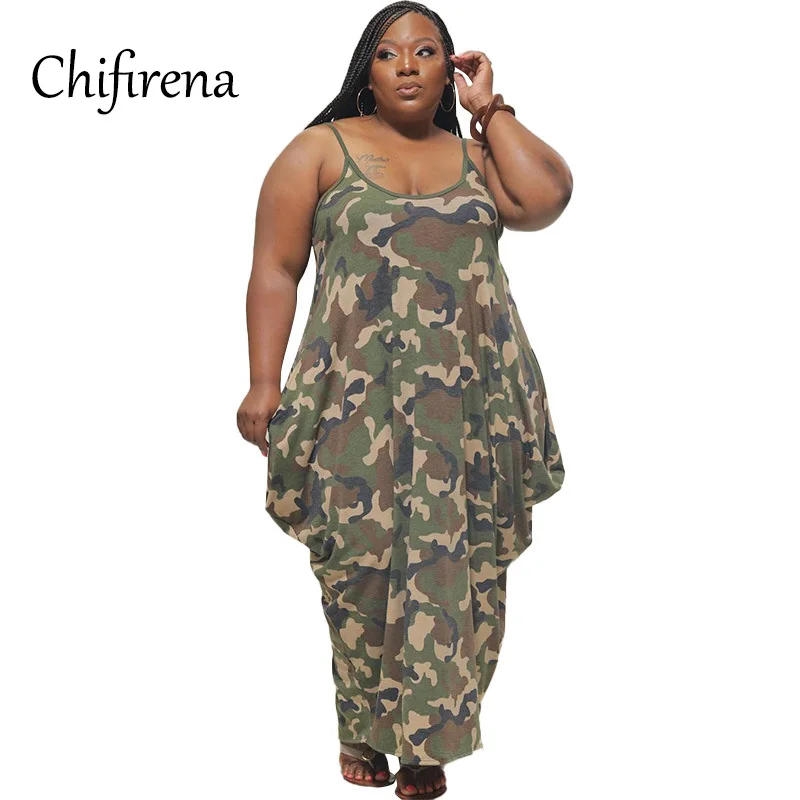 

Chifirena Plus Size Camouflage Tie Dye Maxi Dress Women Spaghetti Strap Long Sundress Summer Vestidos Casual Loose Dresses 2020