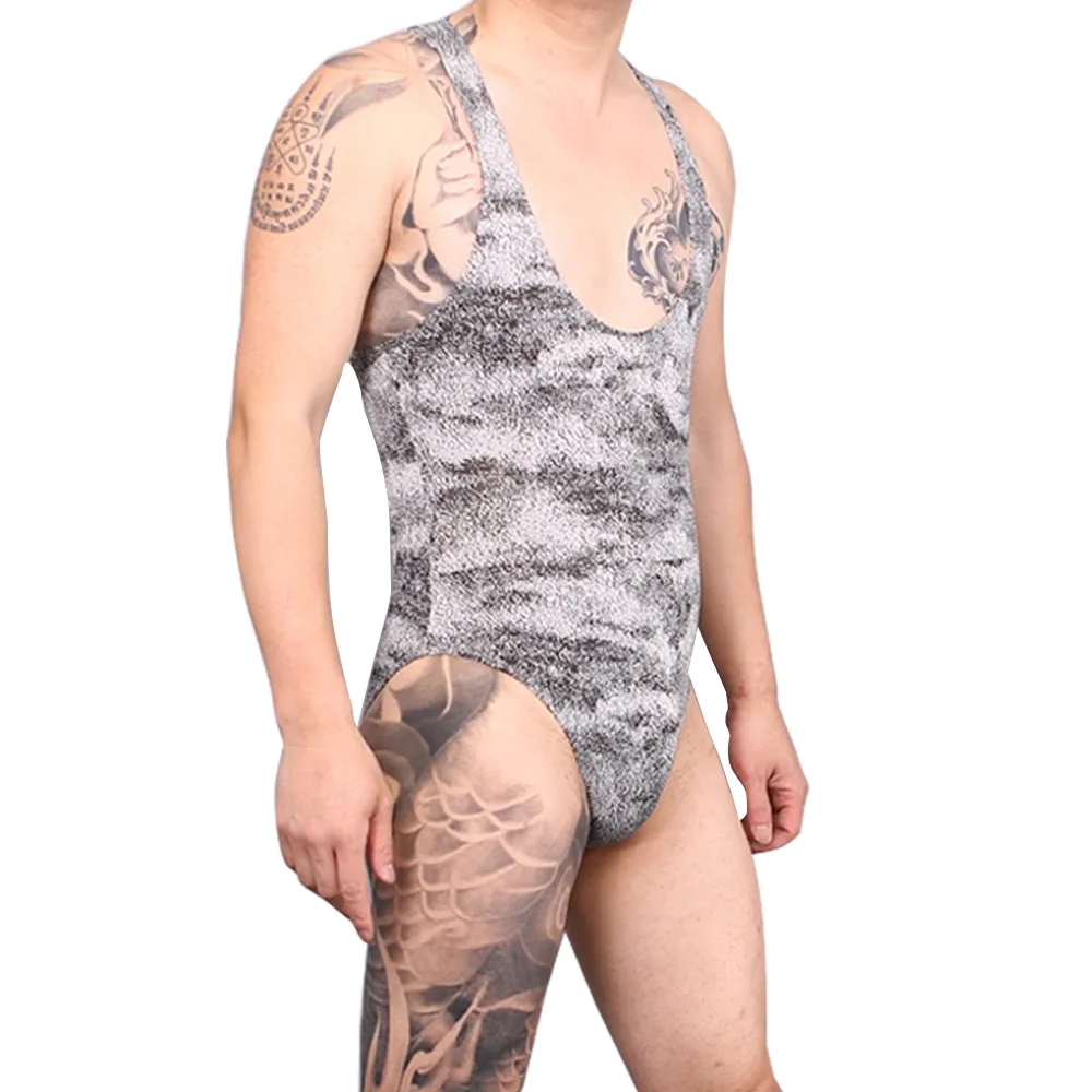 Men Sexy Leotard Silky Sleeveless Round Neck One Piece Slim Stretchy Stylish