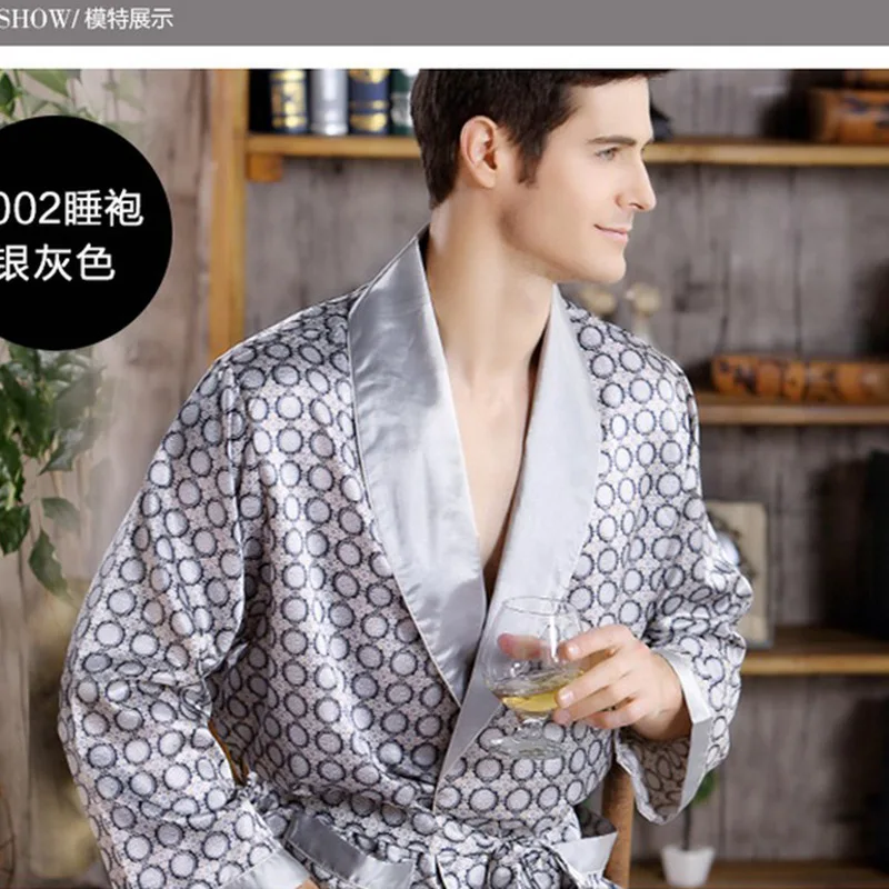 Mens Robe Long Sleeves Bathrobe Sleepwear Silk Kimono Print Pajamas V-neck Bathrobe Night Dressing Gown Hombre Ropa