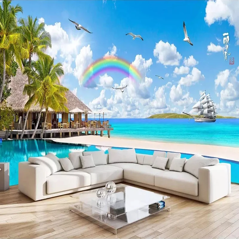 

Drop Shipping Custom 3D Photo Wallpaper Wall Painting Rainbow Coconut Tree Sea View Large Murals Wall Papers Home Decor