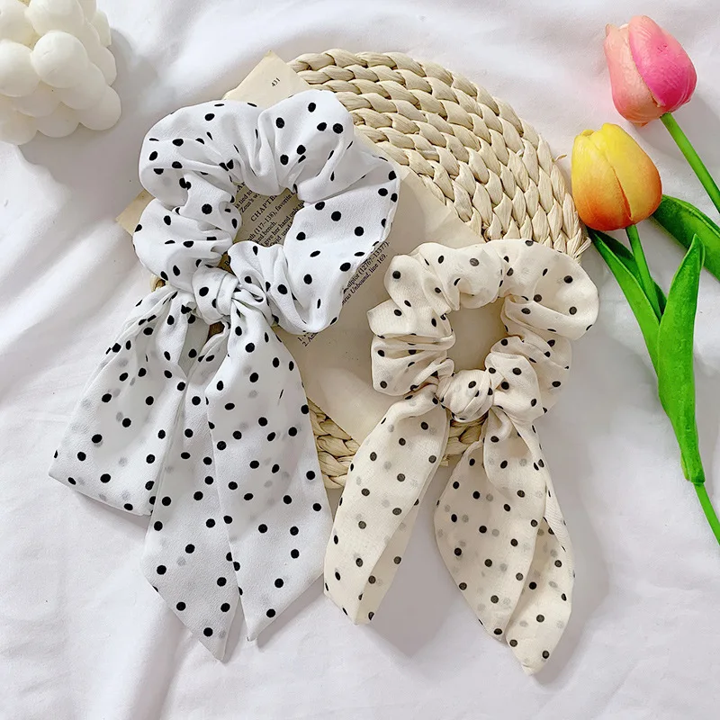 

White Dot Hair Ties Ribbon Scrunchies Bowknot Elastic Hair Band for Women Girls Ponytail Scarf Scrunchie Holder Hair Accessories