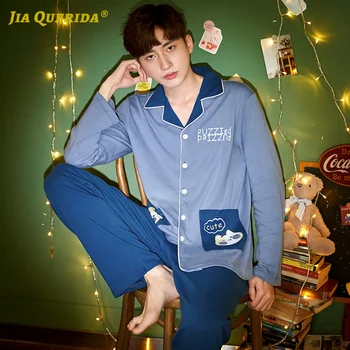 

Fashion Style Casual Style Pajamas Set Pj Set Front Pocket Man Clothes Turn Down Collar Blue Long Sleeve Long Pants Sleepwear