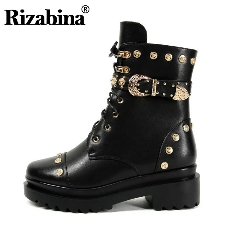 RIZABINA 2020 Punk Rivets Women Ankle Boots Genuine Leather Motorcycle Zipper Round Toe Brand Footwear Size 34-39 | Обувь
