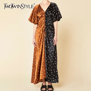 

TWOTWINSTYLE Patchwork Hit Color Dot Dresses Female V Neck Lantern Half Sleeve Lace Up Ruched Dress Women Fashion 2020 Clothing