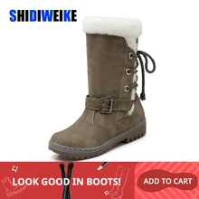 Модные ботинки из хлопка зимние женские ботинки до середины икры с мехом, кожаная женская обувь на шнуровке, большие размеры 34-43, зимние ботинки, n225