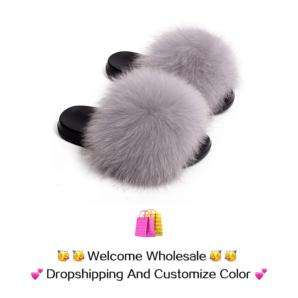 2021 Hot Sale Women Real Fox Fur Slippers Multi-color Summer Fashion Slides Casual Female Furry Shoes