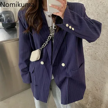

Nomikuma Double Breasted Striped Blazer Women Notched Collar Long Sleeve Casual Vintage Jackets Autumn New Ropa Mujer 3c451