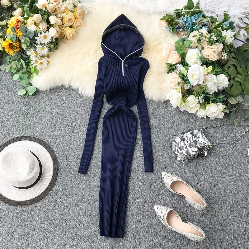 ALPHALMODA платья для французских миноритарных осень зима дизайн с капюшоном на молнии чистый цвет пуловер облегающее шикарное вязаное платье-туника