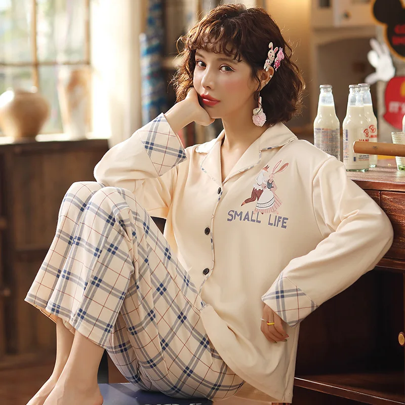 

Qt1932 # Dancing Couples Emblem Cardigan JZ Long Sleeve Korean-style Sweet Pajamas Tracksuit Two-Piece Set