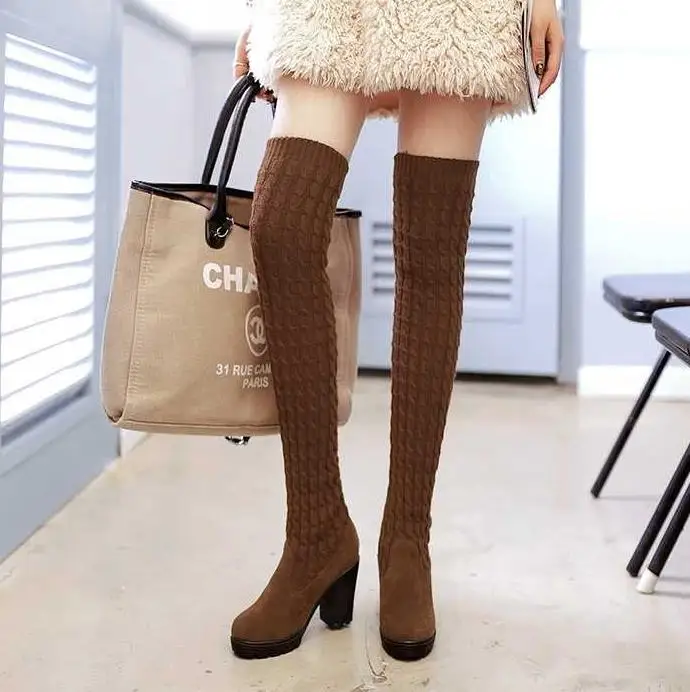 

Timalina Women Boots Autumn/winter Women Over The Knee Boots Fashion Square Heels Round Toe Elastic Skinny Legs Long Boots Print