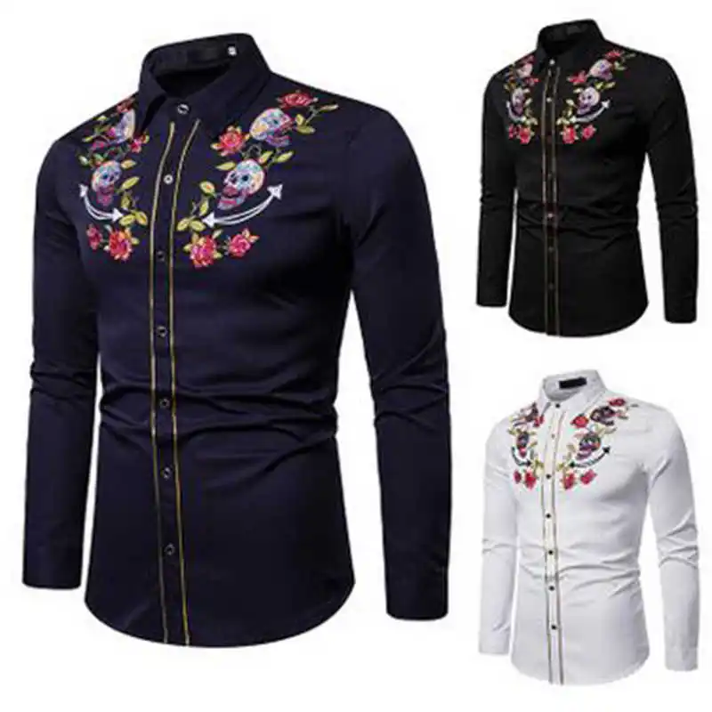 Shirt Floral Western Dancing Skull Dress Men Cowboy Embroidered Rockabilly Shirt Floral Western Dancing Skull Dress Men Cowboy Embroidered Rockabilly