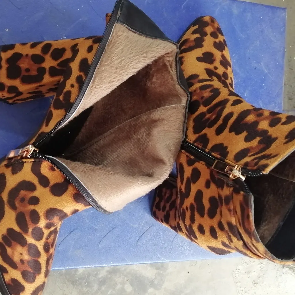 SAGACE/Модные женские ботинки на высоком квадратном каблуке на молнии с леопардовым принтом; замшевые удобные высокие ботинки с леопардовым принтом
