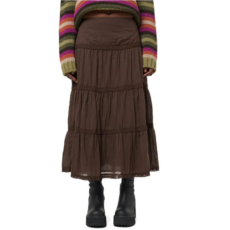 

E-Girl Brown Vintage Pleated A-line Skirt Women Caual High Waist Loose Midi Skirt Y2k Esthetics Fairycore Grunge Half Dress