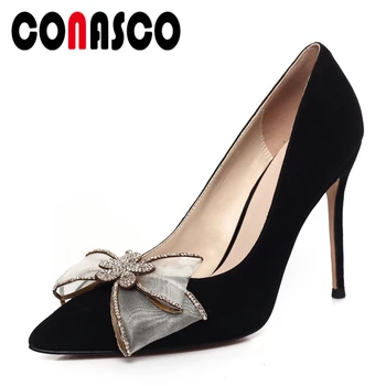 

CONASCO Women Pumps Kid Suede Handmade Butterfly-Knot Sweet Elegant Party Office Lady Pointed Toe Shoes Woman High Heels Autumn