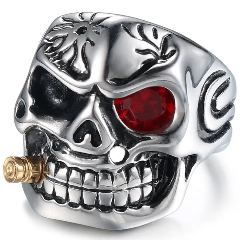 Stainless Steel Ring Finger Ring Men's Hip Hop Punk Red Eye Skull Bite Bullet Jewelry
