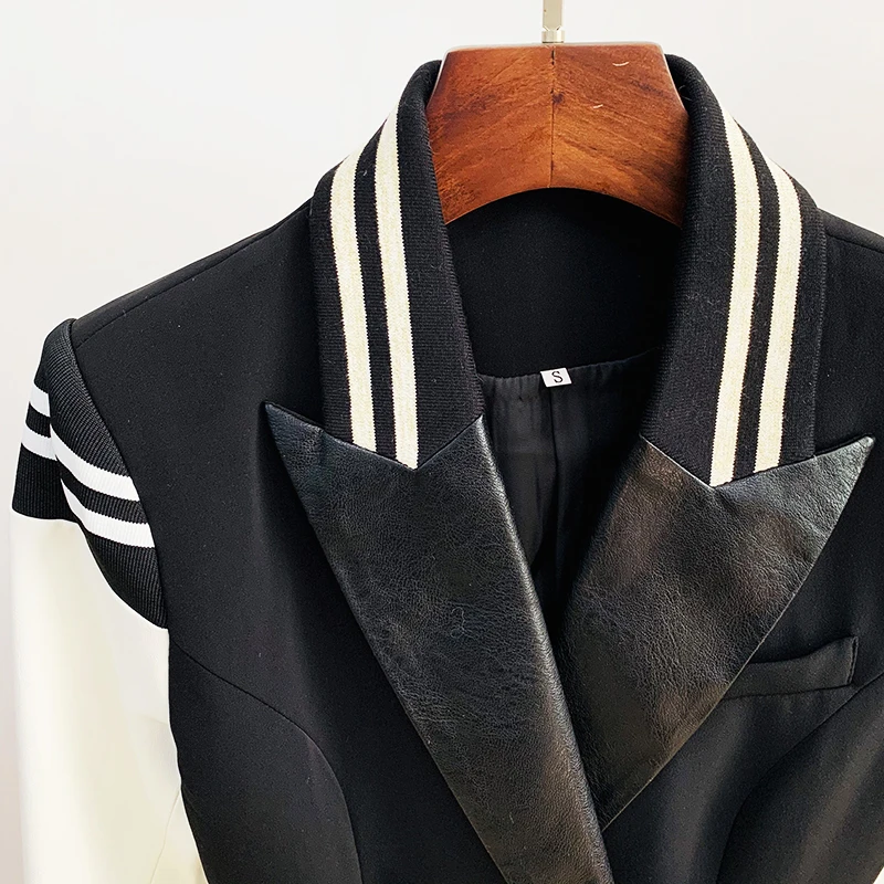 HIGH STREET New Fashion 2024 Classic Varsity Jacket Women's Lion Buttons Double Breasted Leather Sleeve Patchwork Blazer 4