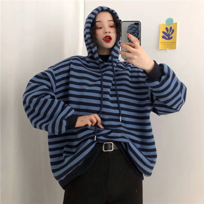 Новинка зимы, корейская мода ulzzang, свободная Ретро толстовка с капюшоном, Женская шикарная полосатая Толстовка Harajuku с круглым вырезом, Повседневная Женская толстовка