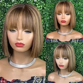 

Straight BOB Hair with Bangs 13x4 Lace Front Human Hair Wigs Pre Plucked 150% Ombre 4/27 Highlight BOB Wig Brazilian Remy Hair