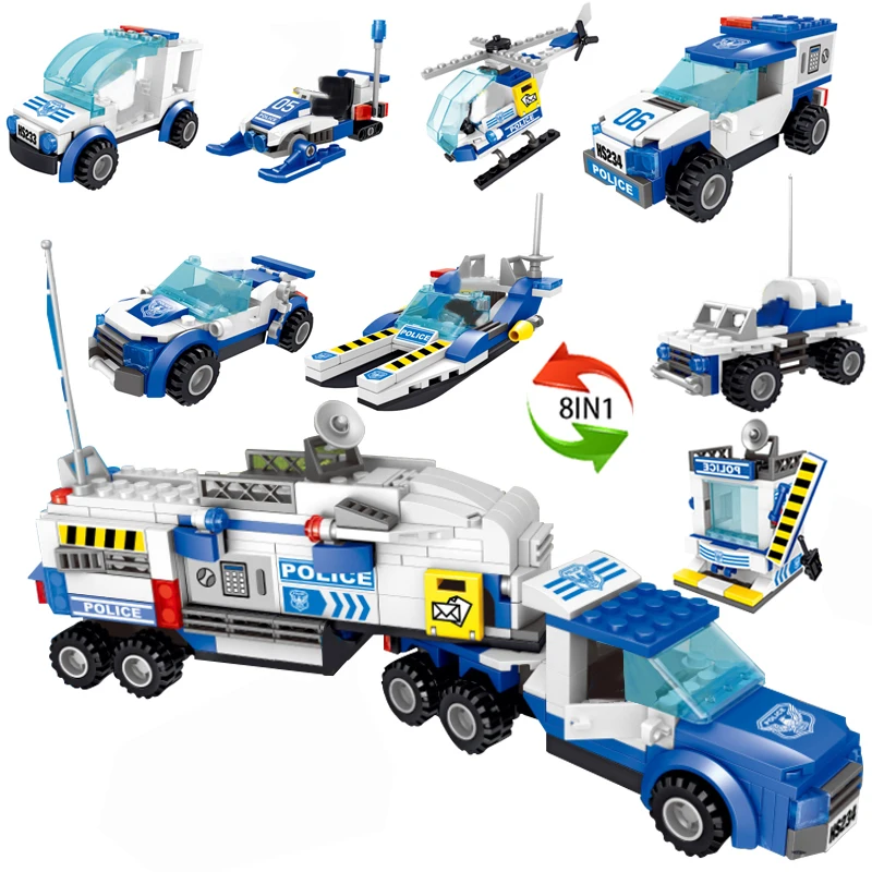 

City Police Station Changeable Truck Set Vehicle Helicopter Boat 8-IN-1 Buliding Blocks With Police Figures Toys Bricks For Kids
