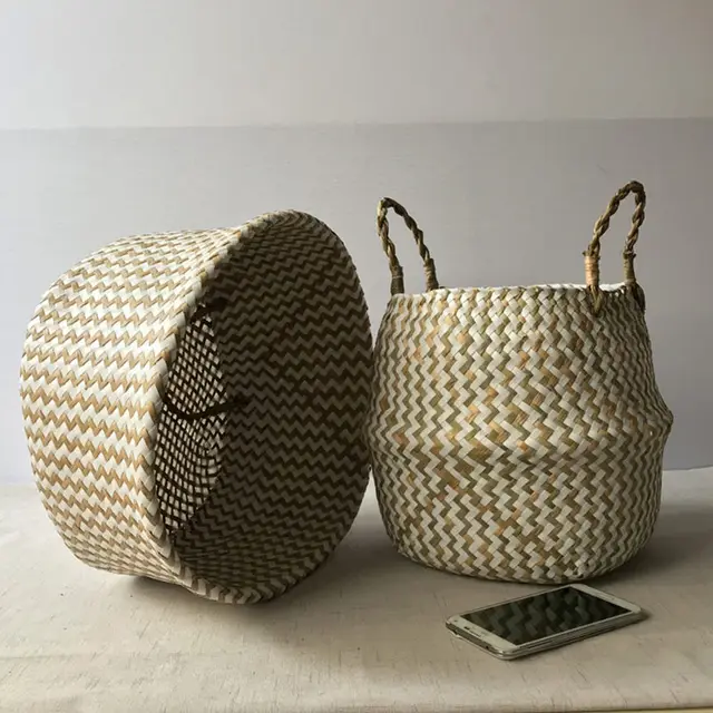 Összecsukható, Kézzel Készített Tengeri Fű Virág Edény Tároló Fonott Kosár Rattan Szalma Otthoni Kerti Hullámminta Ültetvényes Edények Mosodai - Image 4
