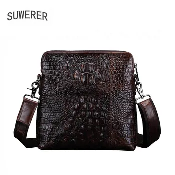 

SUWERER 2020 New cowhide Crocodile pattern men bag Genuine Leather bag Casual fashion men leather shoulder bag