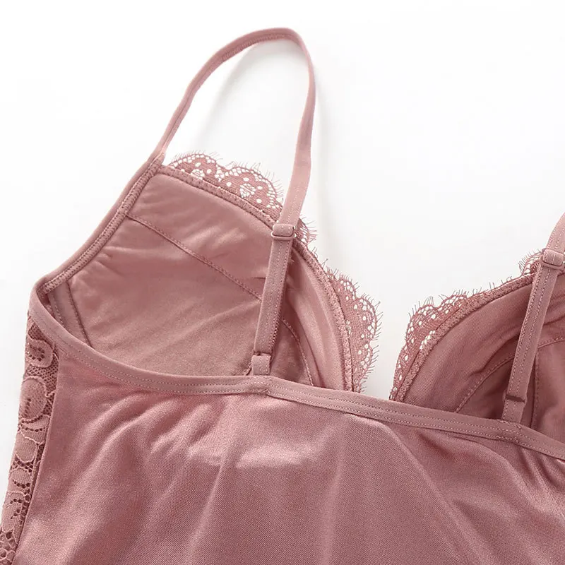 Summer silk sling lace slip dress sexy for women bottoming suspender plus size slim underskirt home nightdress wirefree bra