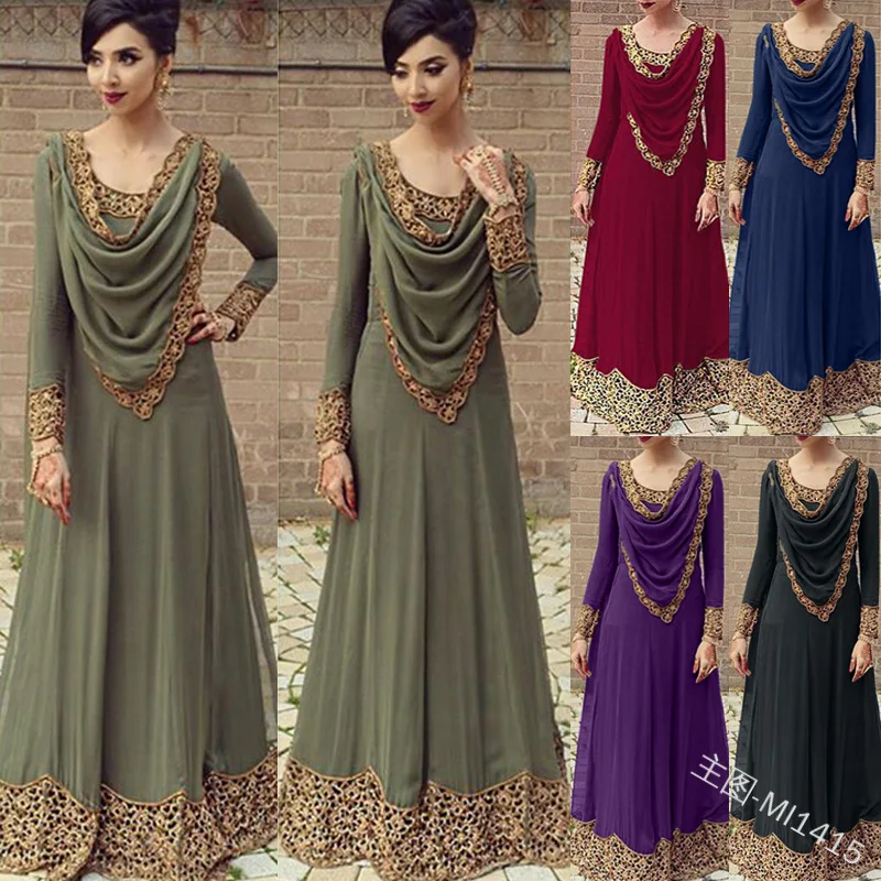 

Women's Lace Panel Saudi Arabian Ethnic Style Long Sleeve Dress Plus Size Patchwork Applique Islamic Elegant Clothing Kaftan