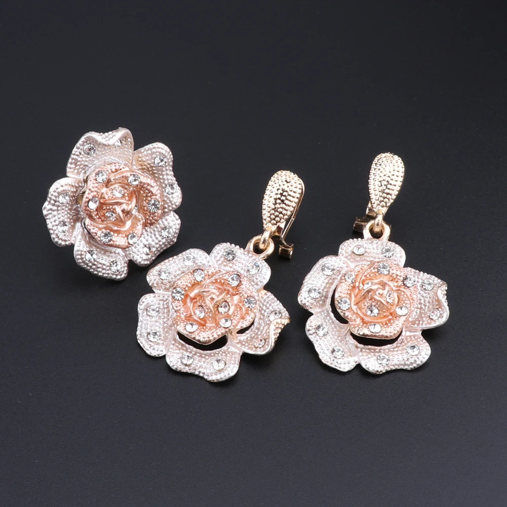 Bridal Jewelry Sets Nigeria Classic Jewelry Sets Elegant Bride Wedding Flower Shape Necklace Earrings Bracelet Ring Set for Dubai Women