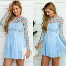 Небесно-голубые шифоновые платья для Бала выпускников кружева с длинными рукавами жемчужина шеи Коктейльные Вечерние платья Короткие/Мини платья трапециевидной формы