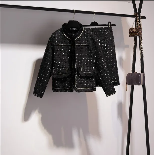 

New Small Fragrance Women's Autumn Black Tweed Wool Jacket Coat + Mid Length Skirt Two-piece Lady Retro Woolen Skirt Suits